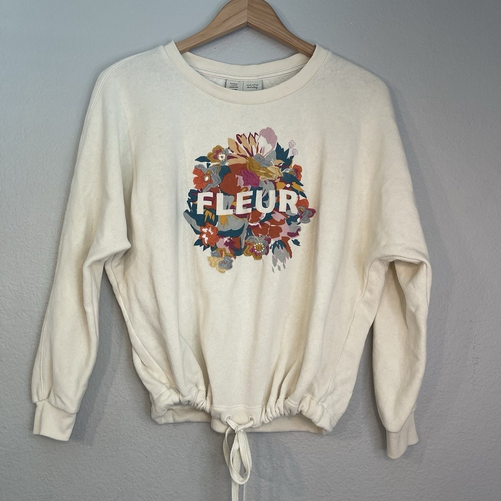 Anthropologie XS Monday Tuesday Wednesday Cream Fleur Drawstring Sweatshirt Cozy